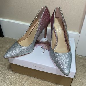 Jessica Simpson pink white glitter pumps heels